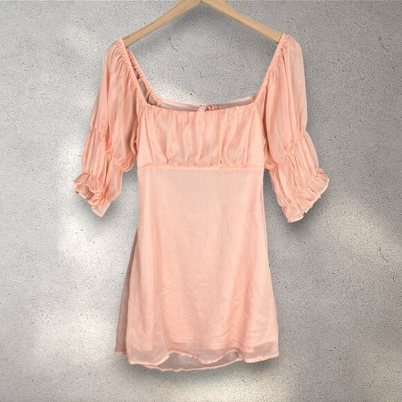 Beige Botany Peach Mini Dress Womens M Babydoll Sheer Lined Cottage Coquette EUC - Picture 3 of 9